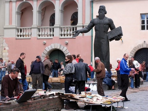 Books stalls at the Fedorov monument in Lviv