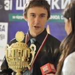 Karjakin interviewed after winning the 2010 ACP Rapid Cup | photo: Boris Bukhman